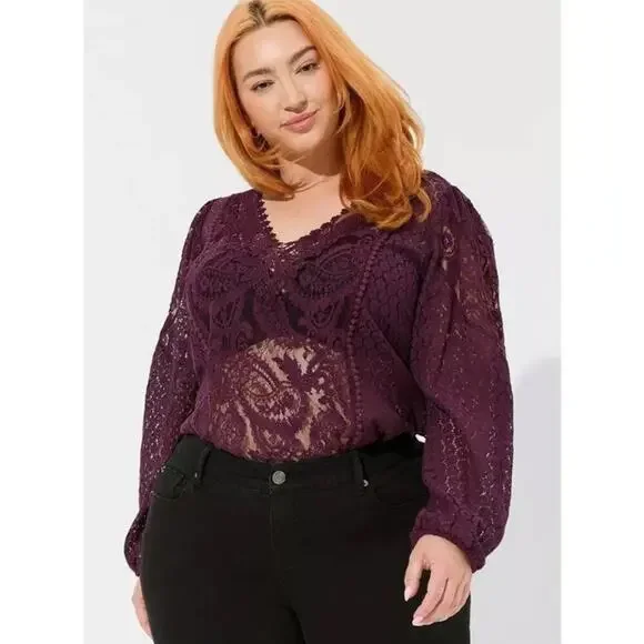 Torrid Lace Mix Long Sleeve Blouse Size 3X Purple Winter Bloom Whimsygoth NWT - Picture 5 of 11